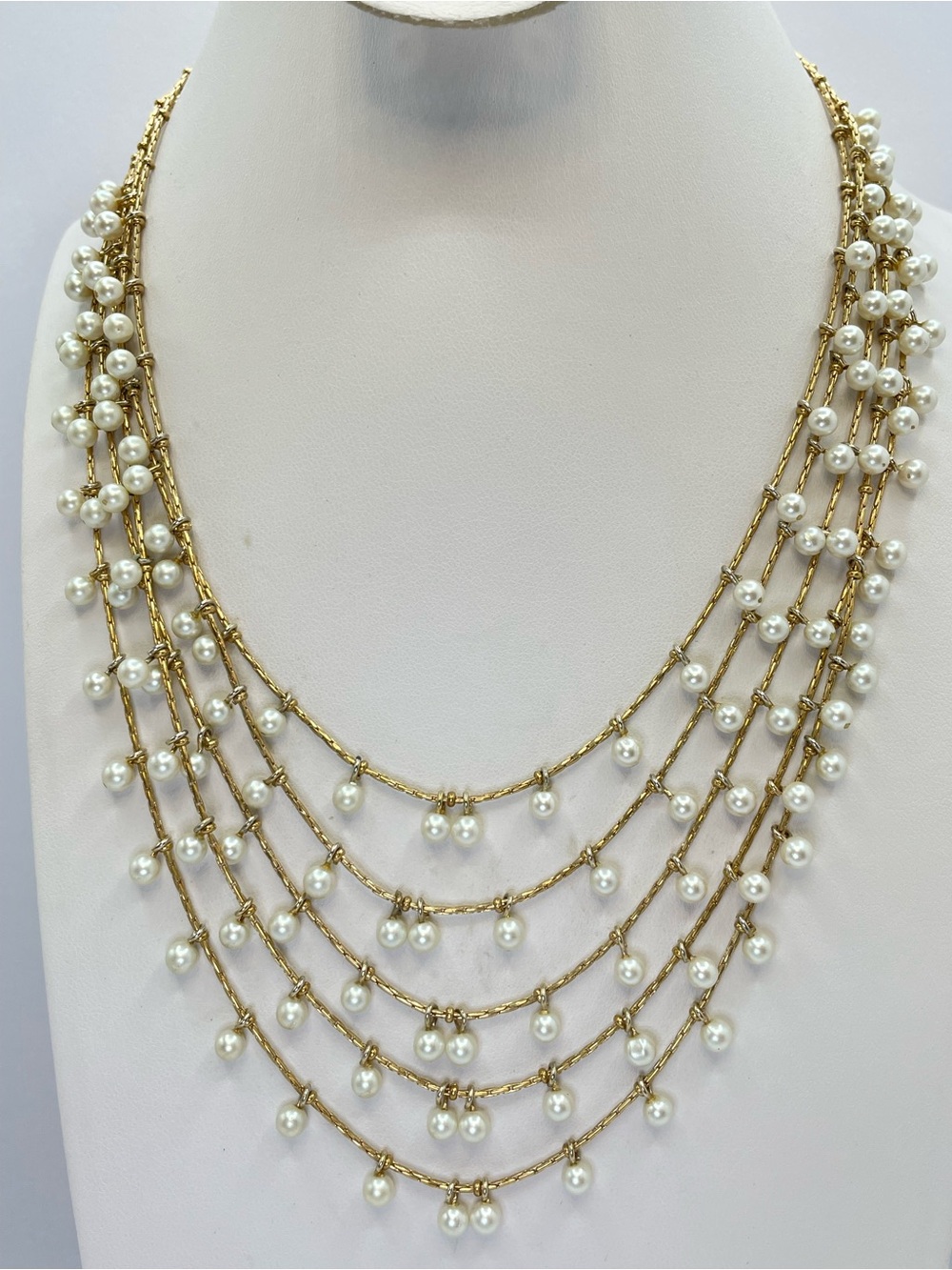Vintage Gold Tone Faux Glass Pearl Multi Strand Draped Statement Necklace Boho